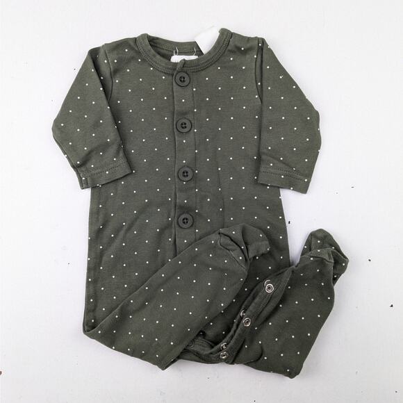 Jamie Kay Olive Dot Button Front/Snap Crotch Footie - 0-3 Months - Picture 1 of 6